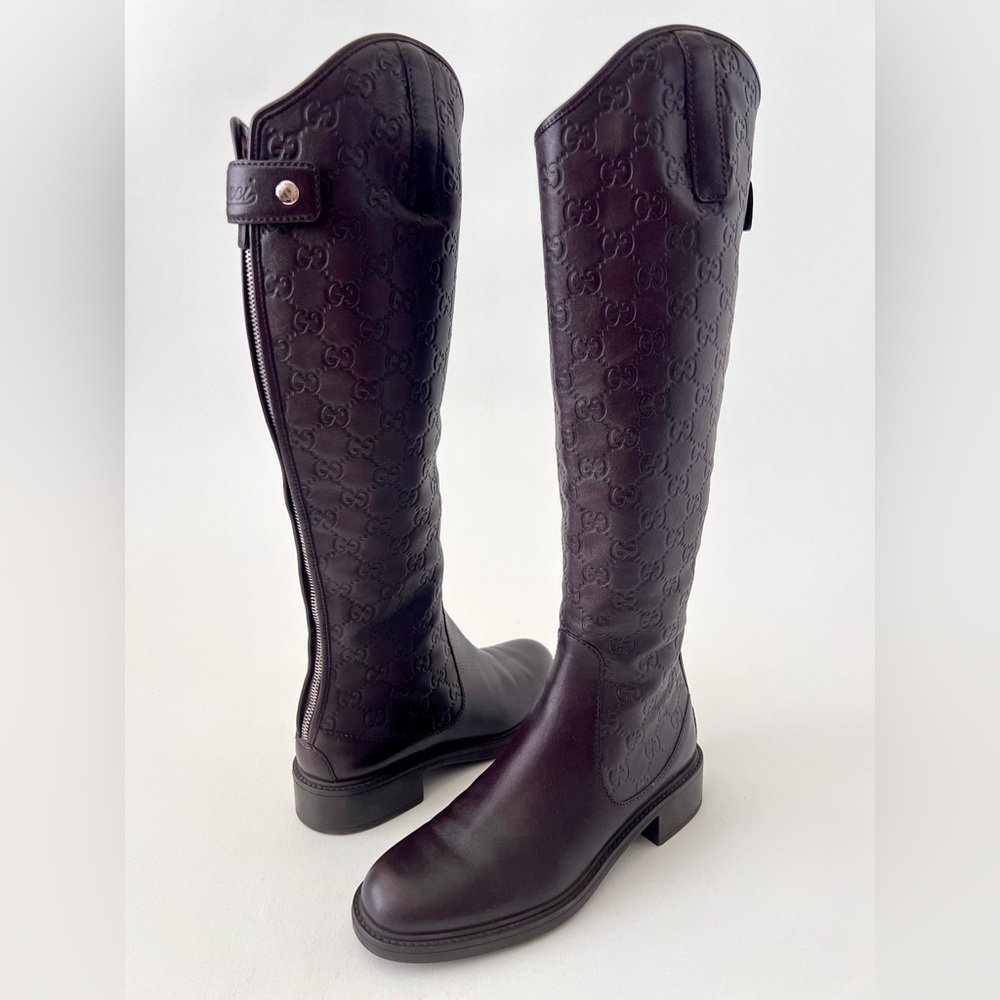 GUCCI | Brown Guccissima GG Logo Maud Leather Knee High‎ Riding Boots EU 36.5